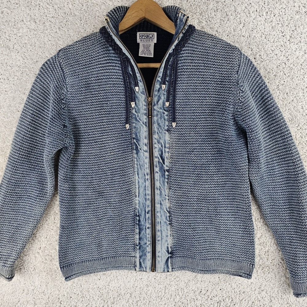 Vtg PBJ Blues Denim & Knit Sweater Jacket Full Zip Womens Medium Western Roped